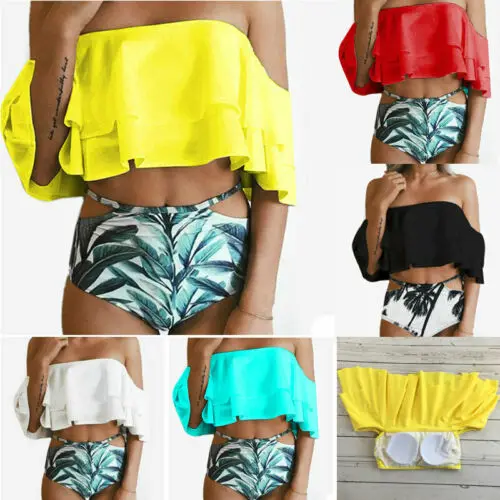 

Women Sexy Off Shoulder Ruffles Brazilian Bikini 2Pc Push up Swimwear Bathing Size S-XL Women Swimwear