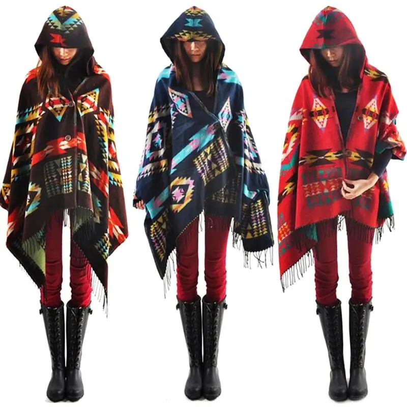 Новое модное женское зимнее пончо с бахромой и капюшоном, накидка с этническим принтом, богемная акриловая шерстяная шаль, шарф, женский свитер#1124