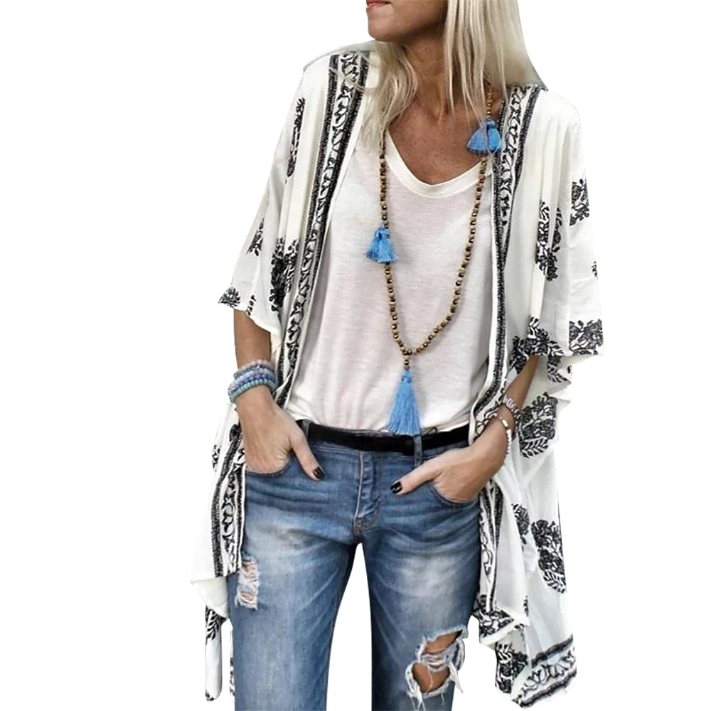 

Women Casual Vintage Kimono Cardigan Ladies 2019 Summer Long Crochet Chiffon Kimono preto Loose flora printed Blouse Tops D30 -