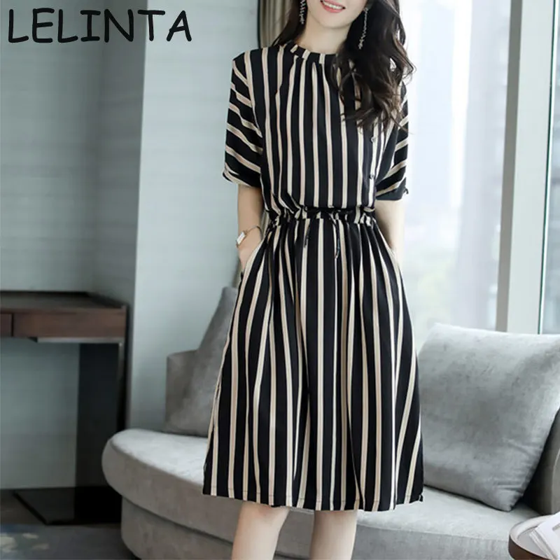 LELINTA النساء اللباس أزياء أنيقة مخطط العمودي عارضة منتصف طول الصيف الربيع السيدات الفساتين خمر فساتين