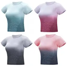 Бег Футболки женские спортивные для йоги Тренажерный зал короткий рукав Костюмы укороченный топ футболки тренировки Фитнес Для женщин Спортивная