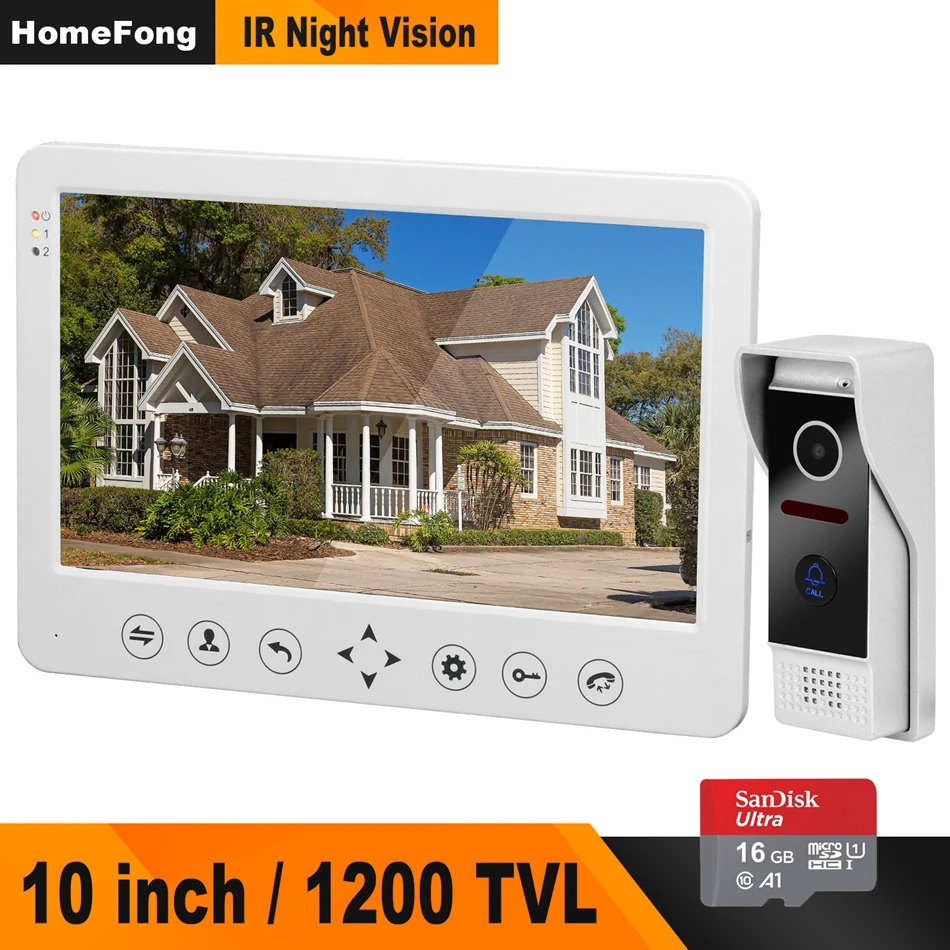 

HomeFong Video Intercom Doorbell 1200TVL IR Camera HD Monitor With 16G Memory Card Support Unlock CCTV videocitofono 10 pollici