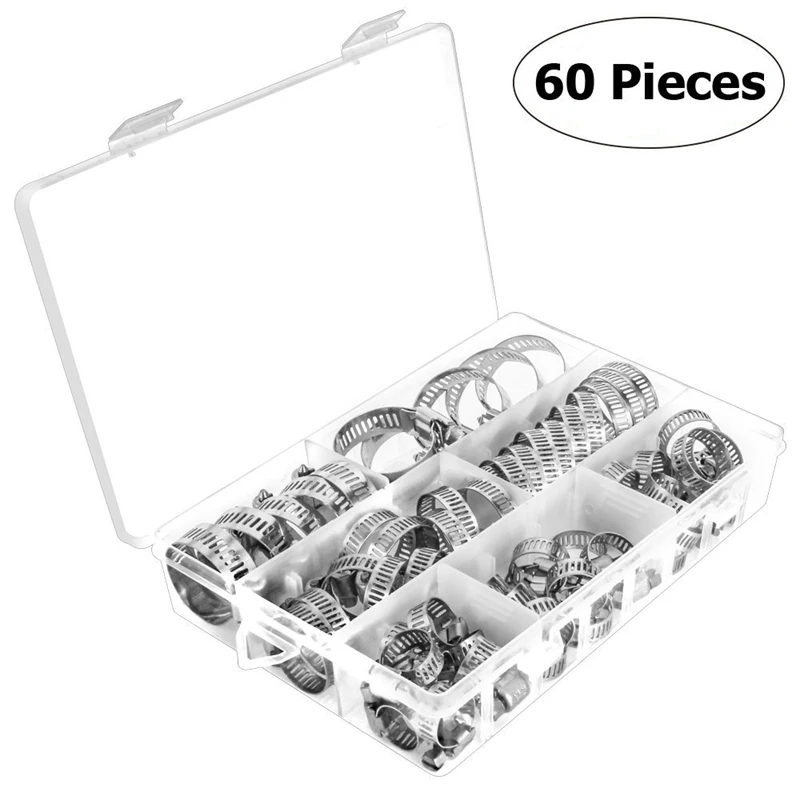 

CNIM Hot 60PCS Adjustable Hose Clamps Worm Gear Stainless Steel Clamp Assortment Lot Kit