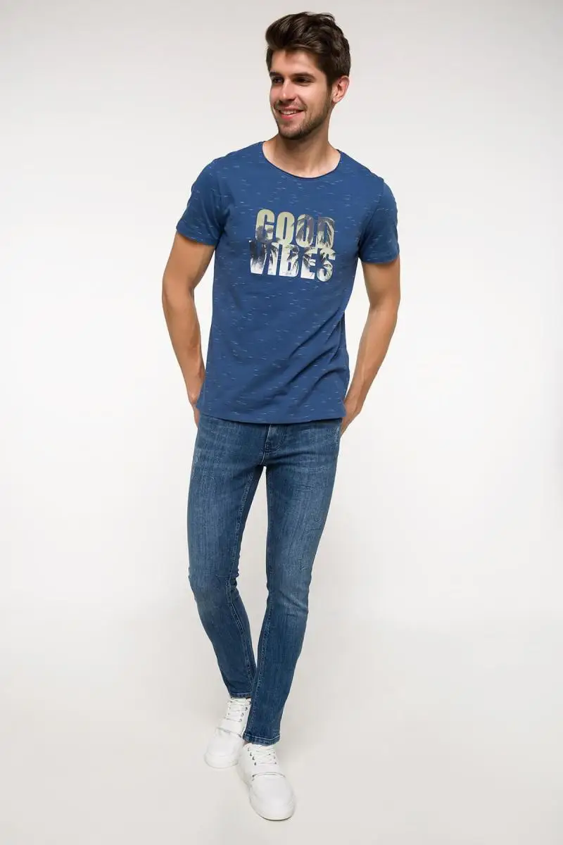 Дефакто мужские надписи печатных Slim Fit Футболка I8672AZ. 18HS. BE100|Футболки| |