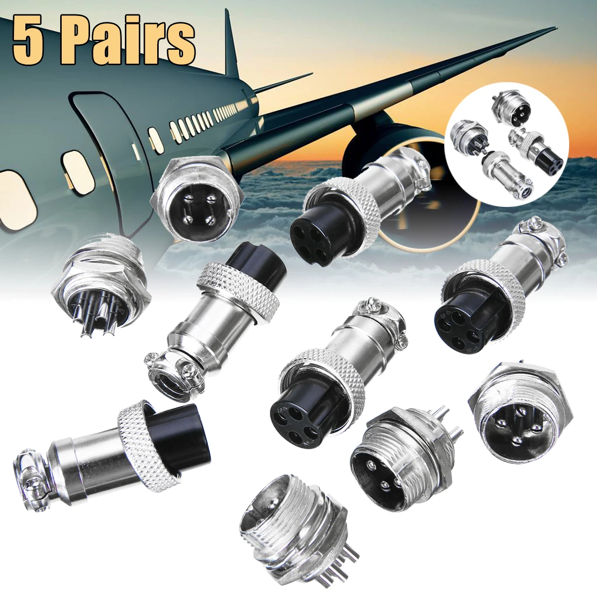 

5 Pairs/Set GX16 4 Pins Aviation Panel Connector Metal Aviation Socket + Female Aviation Plug Electrical Equipment