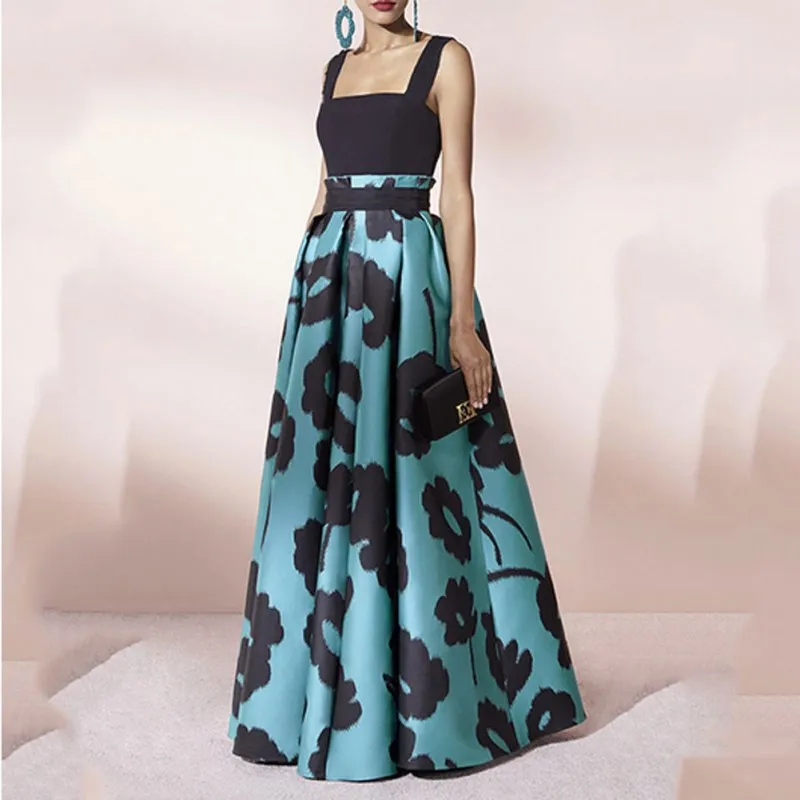 

Formal Evening Party Dress Women Black Sleeveless Floral Print Swing Floor-Length Maxi Dresses Vestidos Summer Sundress