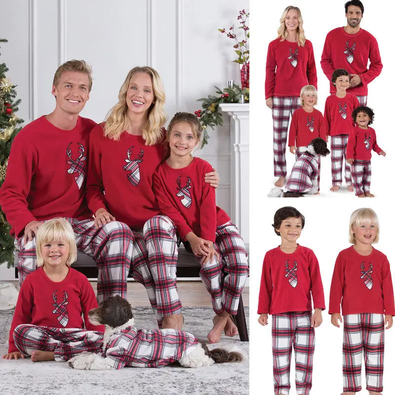 Одинаковые зимние пижамы для всей семьи в американском стиле, одежда для сна, Рождественская одежда для родителей и детей, хлопковая Рождественская одежда с длинными рукавами и рисунком оленя