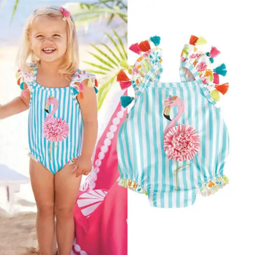 Цельный Детский купальный костюм с фламинго и кисточками для маленьких девочек, детское бикини, купальный костюм, пляжный купальный костюм