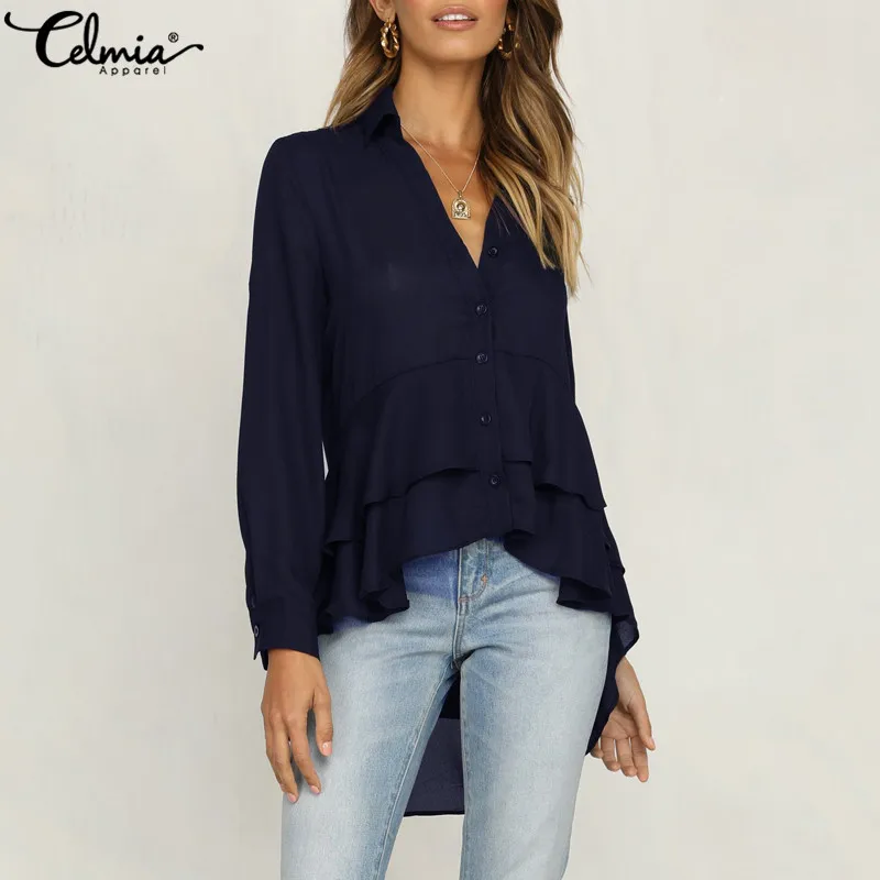 2019 ملابس علوية بأكمام طويلة للربيع الدانتيل بلوزة النساء قمصان أنيقة غير متناظرة الإناث فضفاضة الخريف غير النظامية بلوزة شيفون الدانتيل أعل...