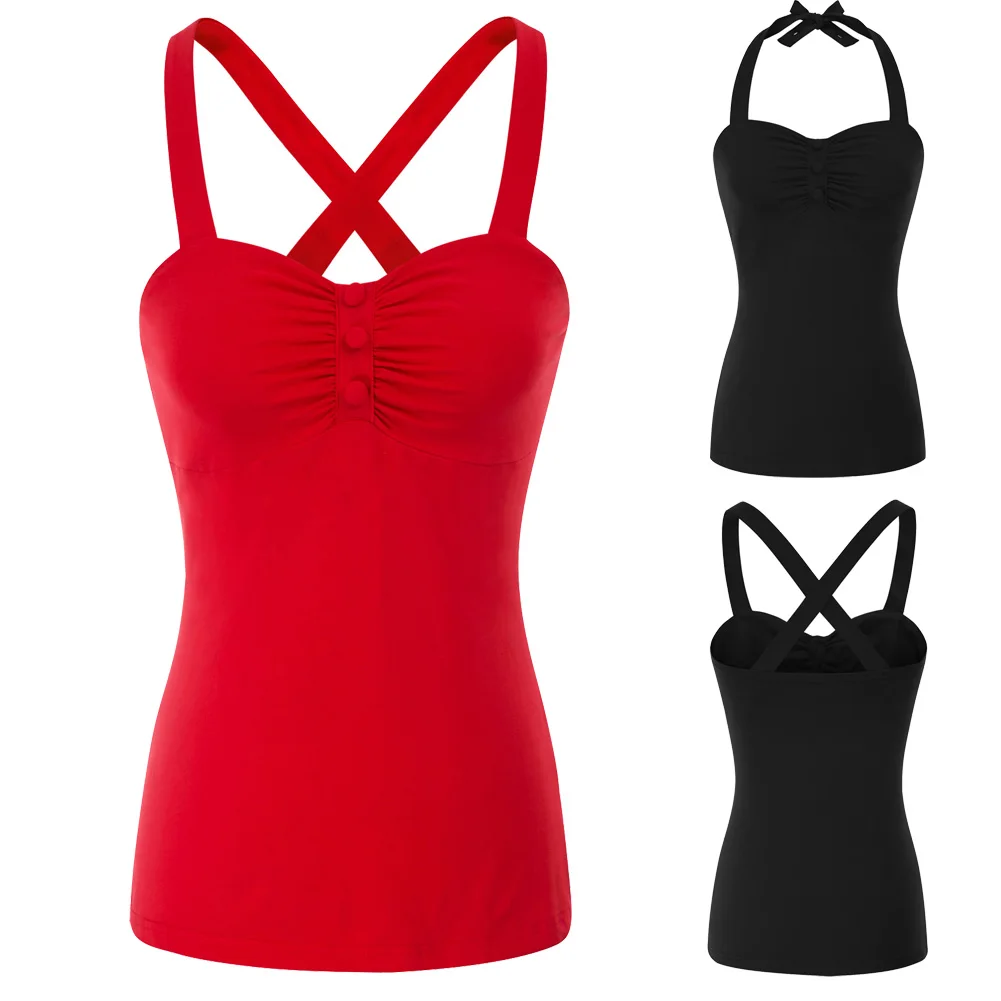 

Halter Tops Women Vintage 50s Halter Cute Tops Retro Pin-up Style Female Adjustable Strappy Tank Tops Sweetheart Neck Slim Tees