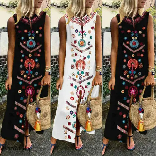 

2019 Boho Floral Dress Women Sleeveless Summer Party Long Maxi Dress Lady Holdiay Beach Sundress Kaftan Dress