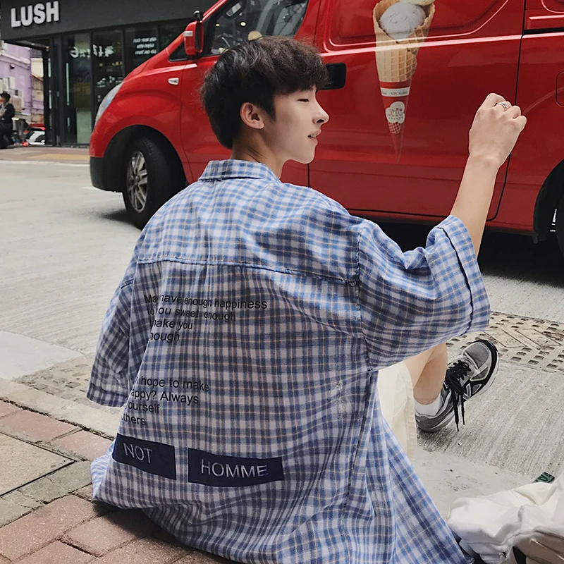 

Men's shirt 2019 spring and summer new five-point sleeve plaid print loose casual personality youth vitality men's clothing