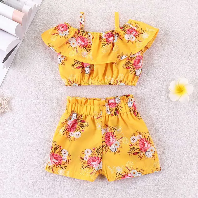  Fashion Toddler Kid Baby Girl Set Clothes Floral Ruffles Off Shoulder Tank Tops+Short Pants 2Pcs Set Clothes