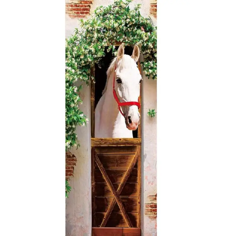 

4pcs 3D Door Sticker Retro Horse Europe Forest Wall Mural Art Wallpaper Poster Stickers Self Adhesive Removable Home Door Decals