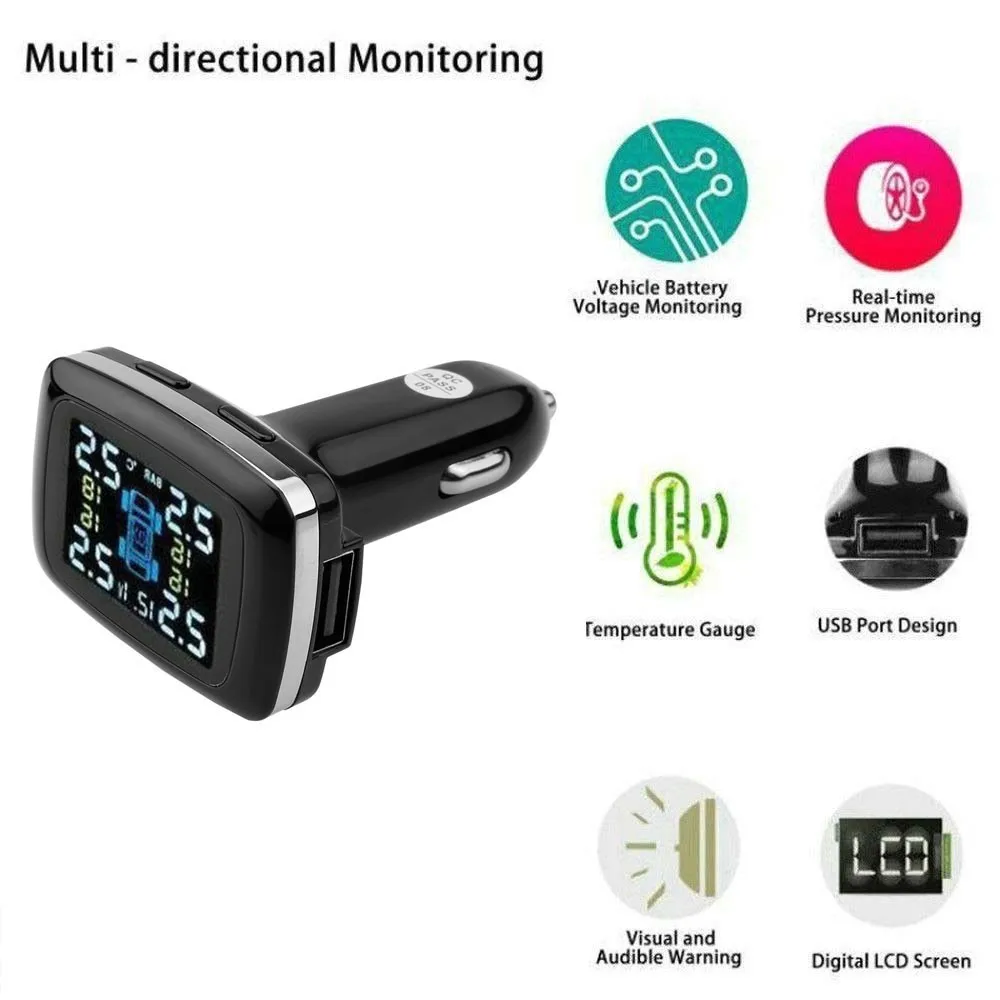 

Car Tire Pressure Temperature Monitor System Car TPMS W/ 4 External Sensor Cigarette Lighter Socket Plug LCD Display Waterproof