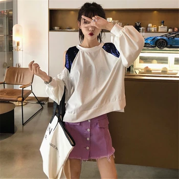 

Lychee Girls Hollow Out Women T-shirt Round Collar Long Sleeve Patchwork Tee Spring Autumn Female Casual Loose T Shirts Top