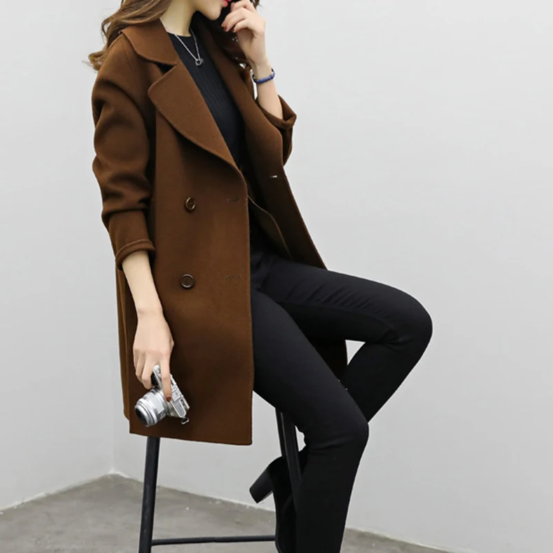 

Women Double Breasted Wool Trench Coat Slim Long Jacket Winter Overcoat Outwear