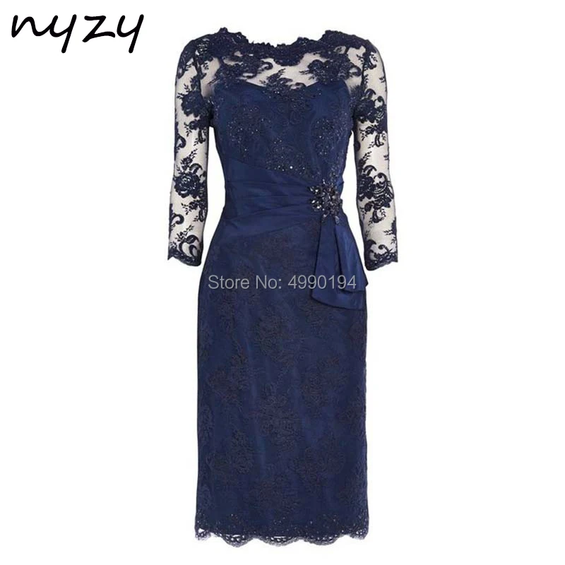 

Short Mother Of the Bride Dresses Navy Blue 3/4 Sleeves Sheath Lace Short Wedding Party Dress Groom Mother Outfits 2019 M49 NYZY