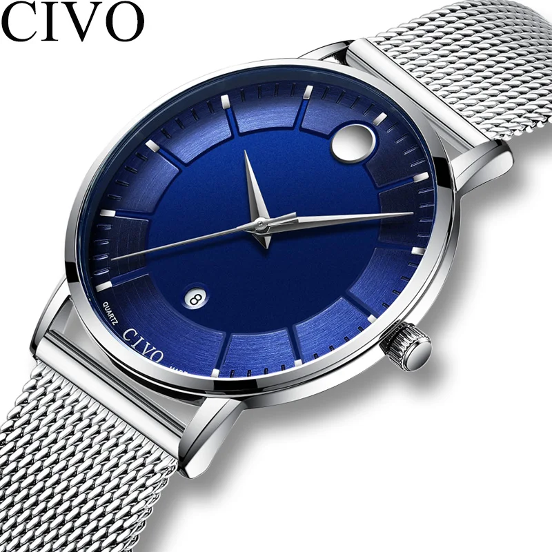 

CIVO Fashion Luxury Mens Quartz Watch Waterproof Date Male Watches Sliver Steel Mesh Strap Men Wristwatch Clock Hand Watches