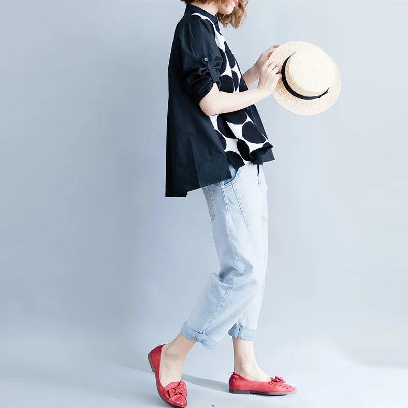 

LANMREM Spring New 2019 Women's Large Size Irregular Dot Patchwork Printing Cotton Linen Long-sleeved Fashion Trend Shirt QF006