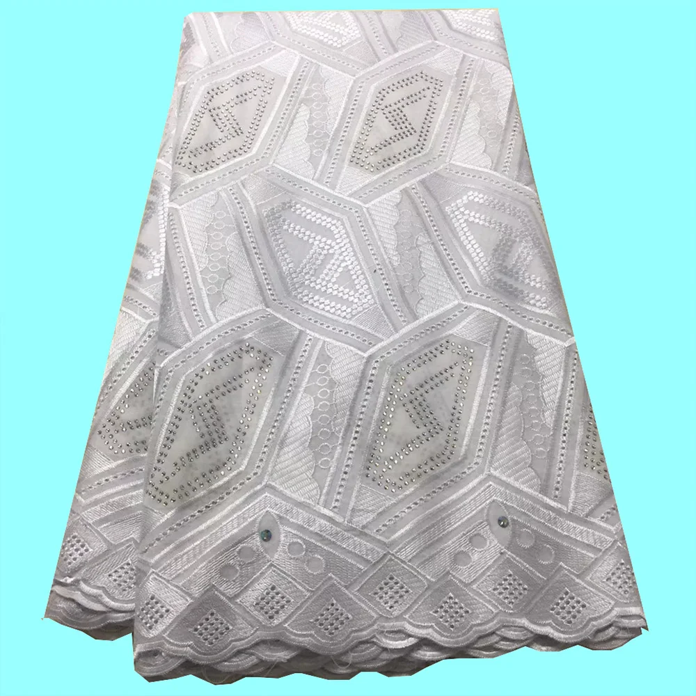 

African embroidered cotton material with stones high quality white dress fabric new design swiss voile lace fabric for parties