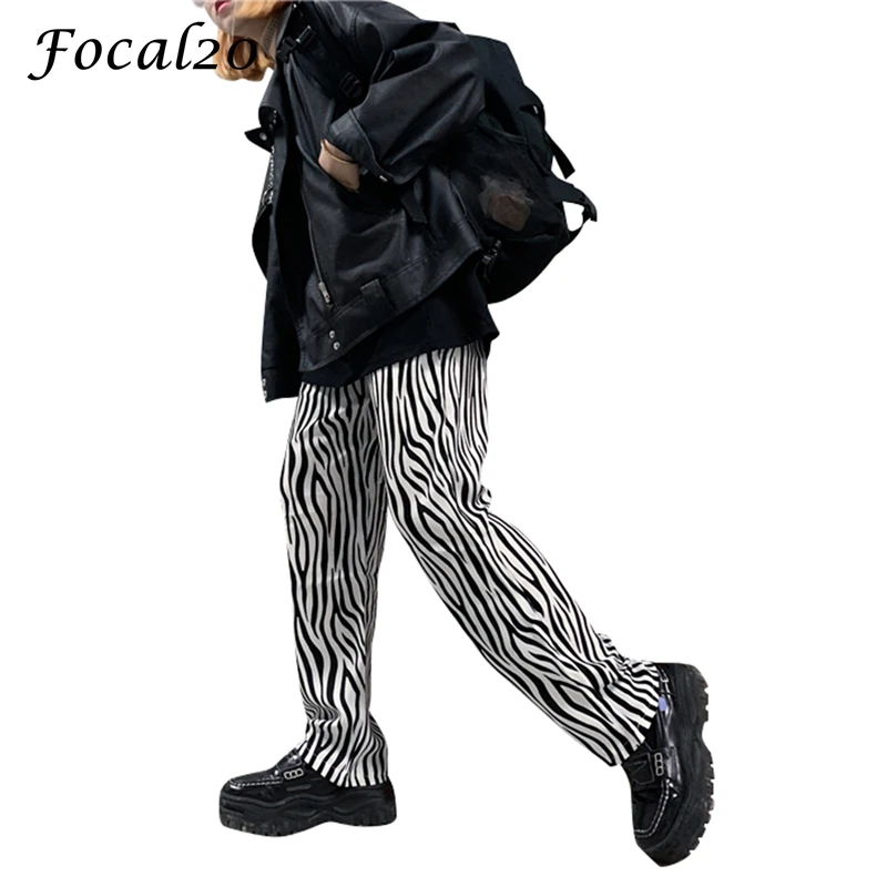 Женские прямые брюки Focal20 Harajuku с принтом зебры свободные черные и белые высокой