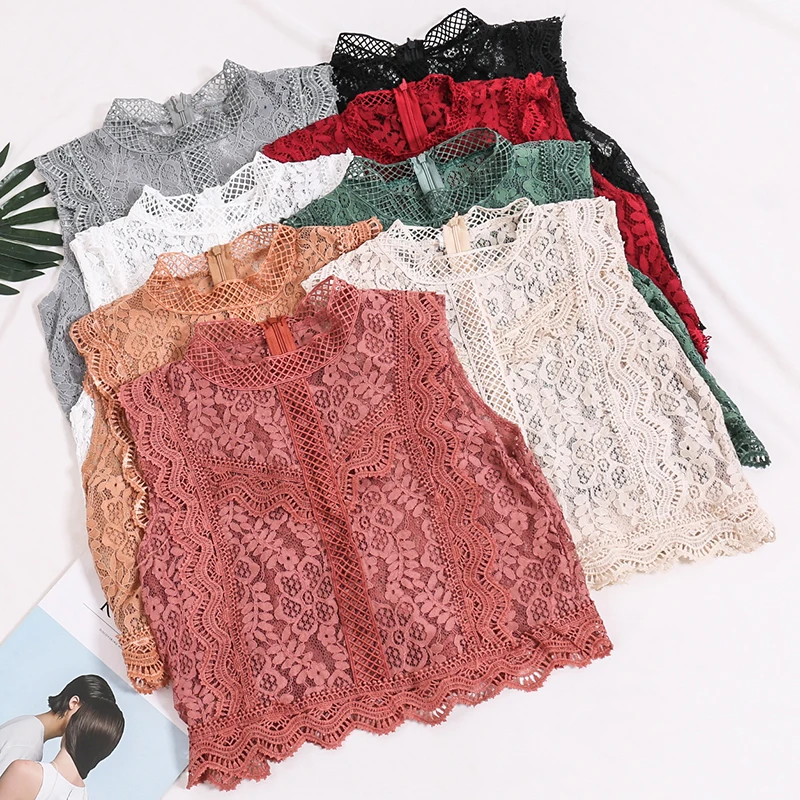 

Summer Women Fashion Crochet Lace Tank Vest Ladies Sexy Hollow Out Lacework Floral Straight Sleeves Stand Collar Crop Top