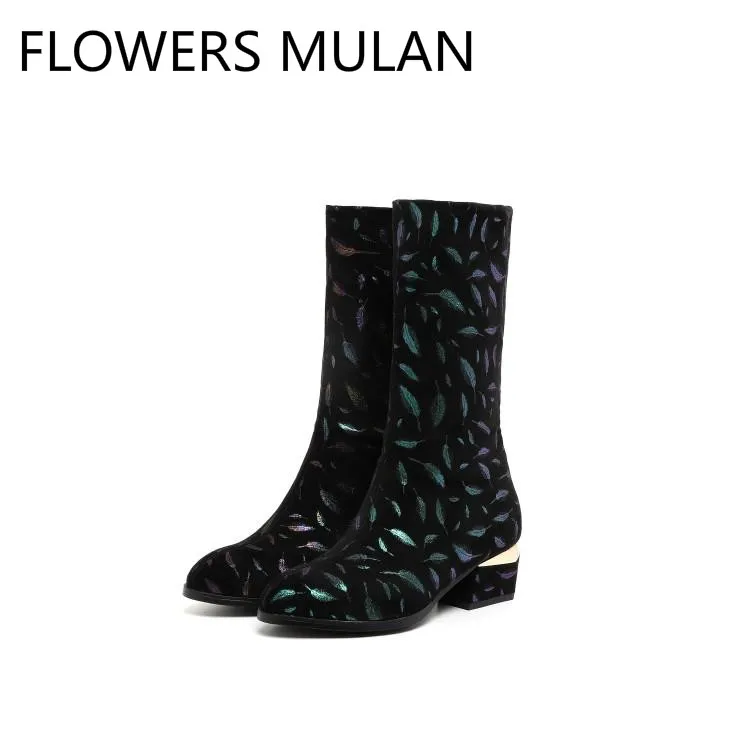 

Black Suede Printing Colorful Sequined Feather Ankle Boots For Women Round Toe Chunky Heel Ladies Booties Winter Shoes Woman