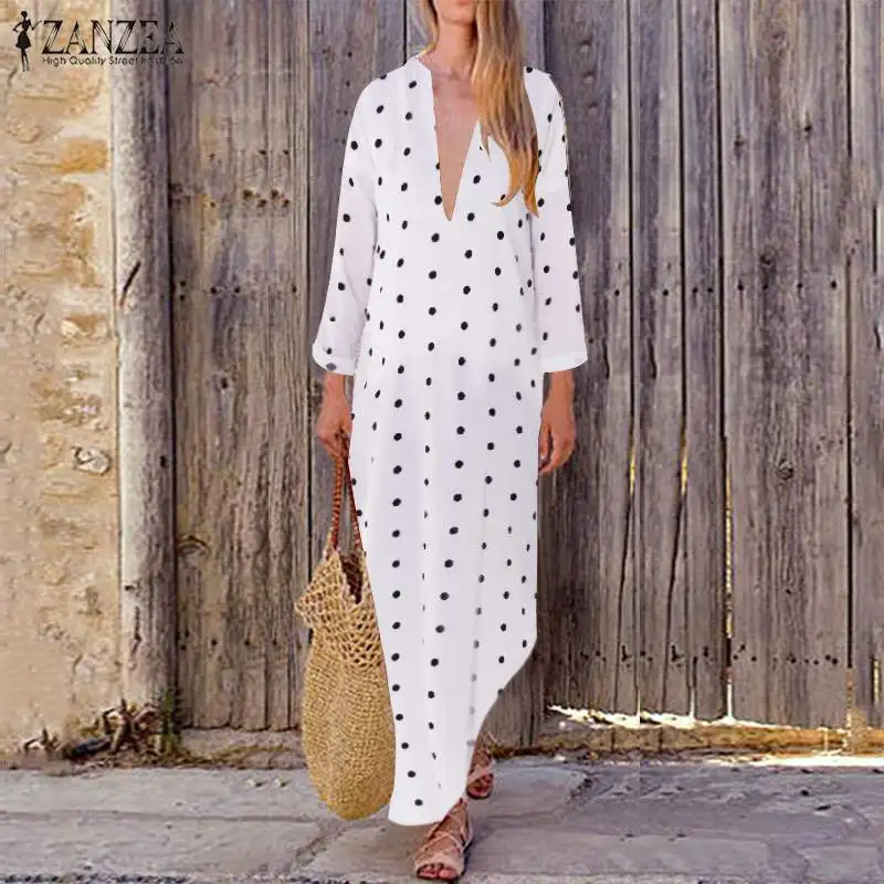 

Summer Maxi Long Dress ZANZEA Women Polka Dot Printed Long Sleeve Split Hem Work Vestido Bohemian Sundress Femme V Neck Dresses