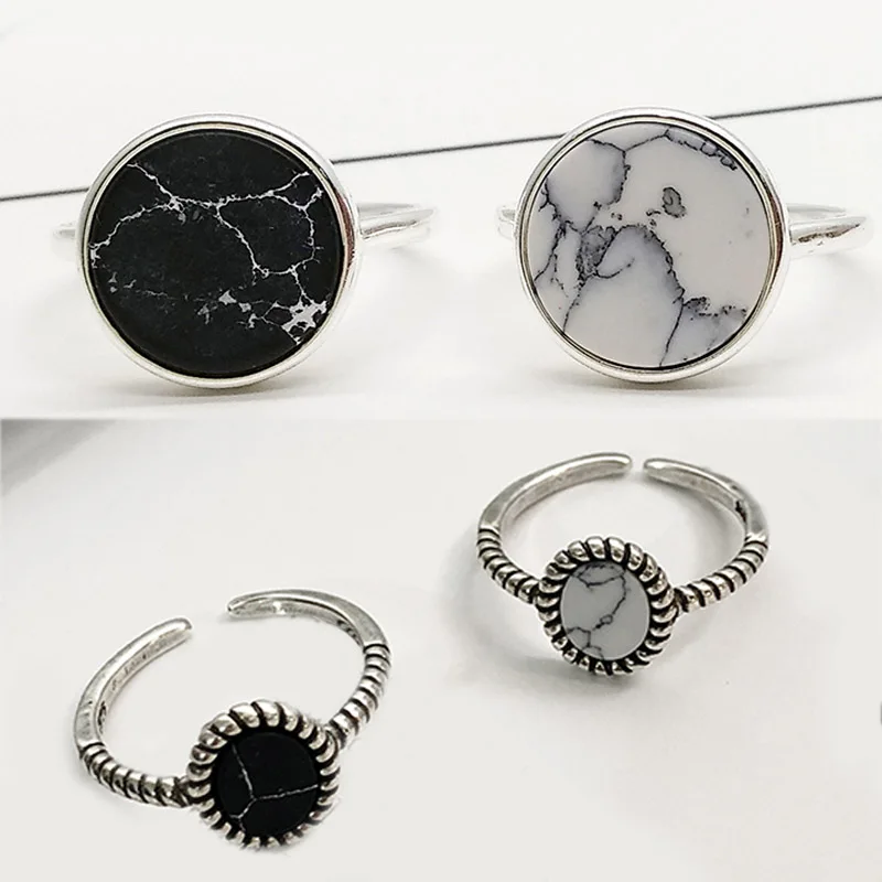 

Women Adjustable Girls 1PC White Wedding Black Round Circle Silver 2019 New Arrival Marbled Stone Ring Valentines Gift Open