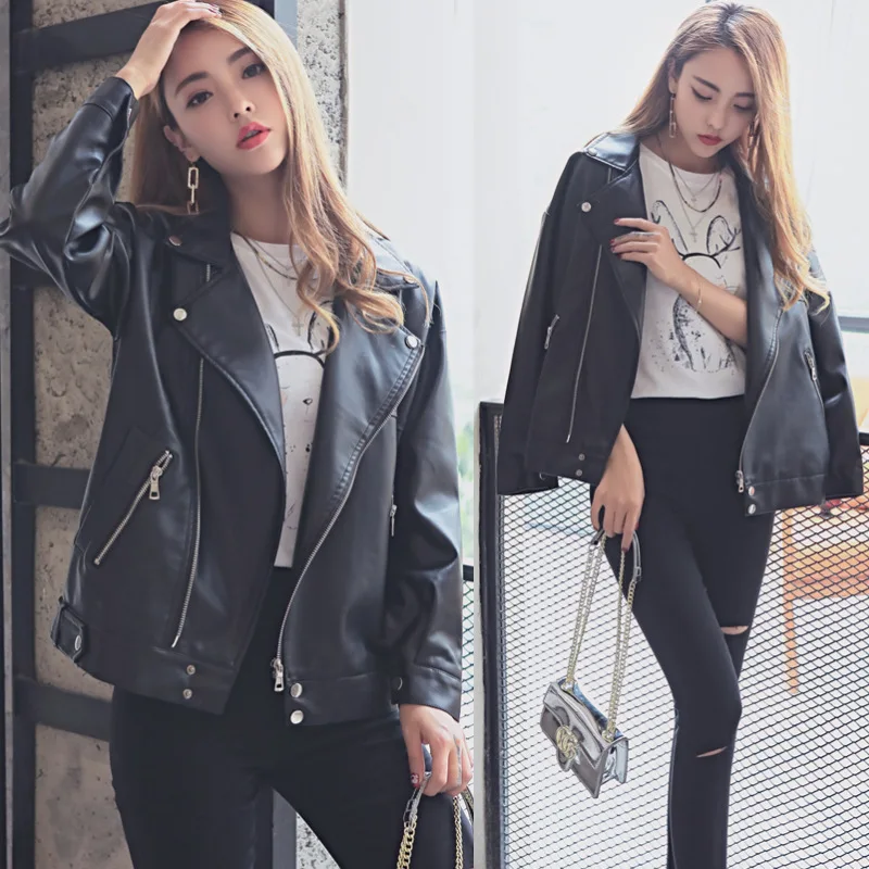 

Women's clothing The New Leather Short Loose Locomotive Pu Leather Jacket Thin Leather lapel black Zipper Slim Long sleeve Coat