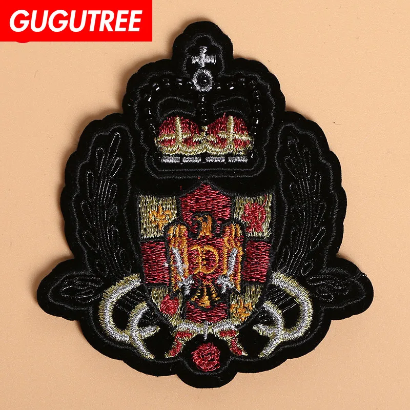 

GUGUTREE Toothbrush embroidery patch eagle crown beaded patches applique clothes jacket badge patches for clothing X-34