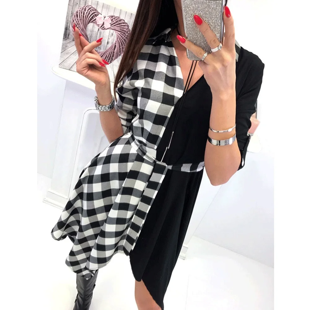 

Women Splicing Plaid Mini Dress 2018 Autumn Fashion Ladies Long Sleeve V-Neck Plaid Lattice Irregular Dress Vestidos De Festa