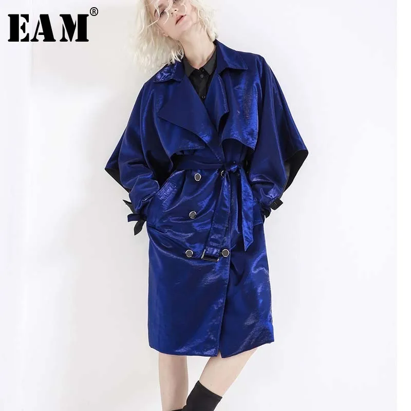 

[EAM] 2019 New Spring Lapel Long Sleeve Black Waist Bandage Loose Big Size Windbreaker Women Coat Fashion Tide JH334