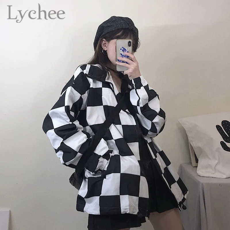 Lychee Harajuku хит цветная клетчатая Женская Солнцезащитная куртка на шнурке с длинным