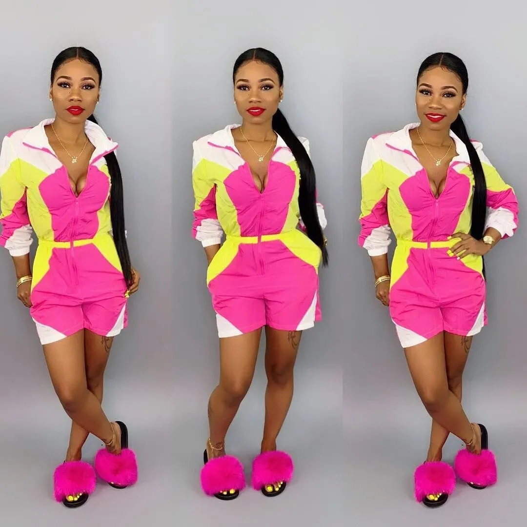 

2019 Summer Streetwear Patchwork Jumpsuit Women Sexy Zipper V Neck Long Sleeve Short Romper