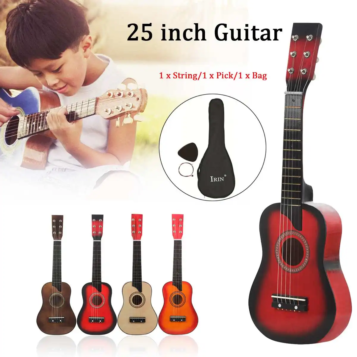 

25" Wooden Acoustic Guitar 6 String Musical Instrument Kid Toy with Carrying Bag Children Educational Musical New Year Gift