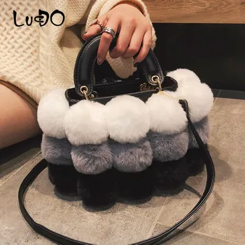 

LUCDO Winter Faux Fur Luxury New Ladies Cute Tote Bag Women Designer Handbag Hair Ball Shoulder Messenger Bags bolsos mujer sac