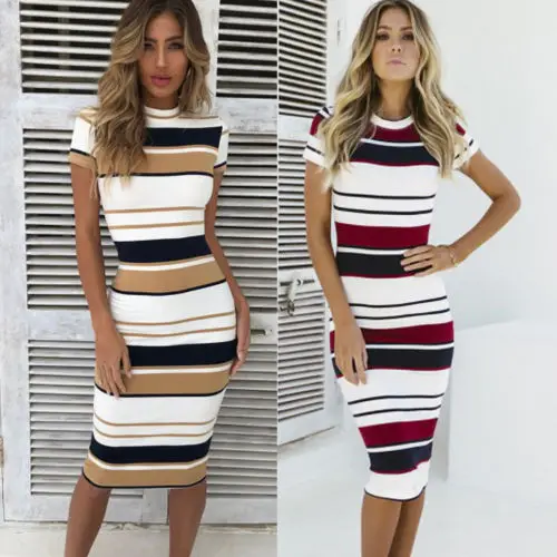 Women Red Summer Dress Sexy Sheath Striped Beach Dress O-Neck Elegant Party Dresses Short sleeve Plus Size