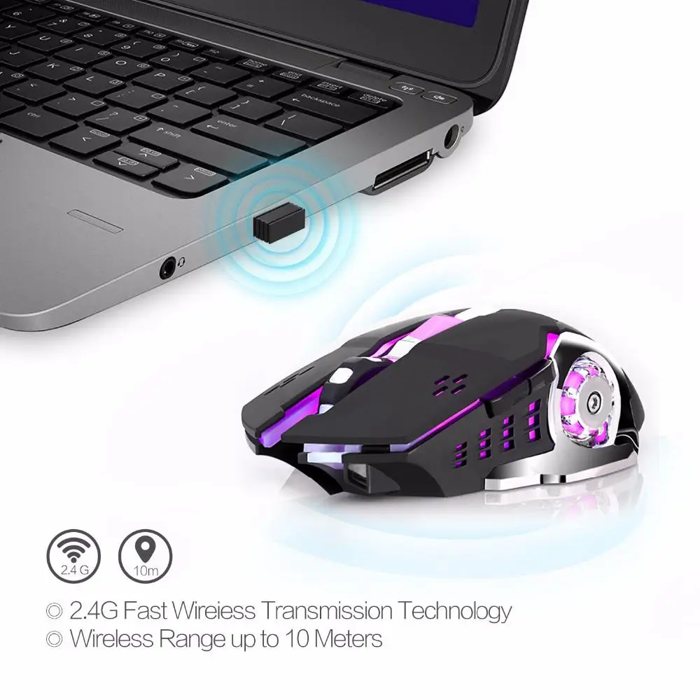 HXSJ M70 Беспроводная игровая мышь 2400 точек/дюйм перезаряжаемая 7 цветов подсветка