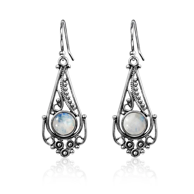 New listing 7MM round natural moonstone earrings bohemian style 925 sterling silver pendant earrings women fashion wedding party