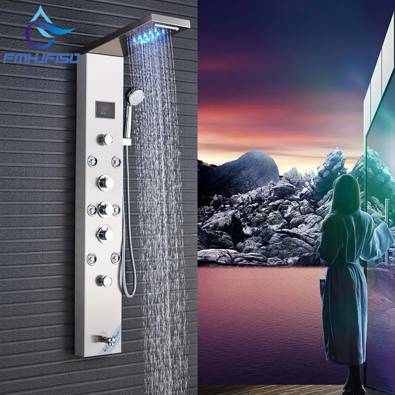 

Brushed Nickel Waterfall Rain Shower Column Jets Tub Spout W/ Hand LED Light Shower Faucet