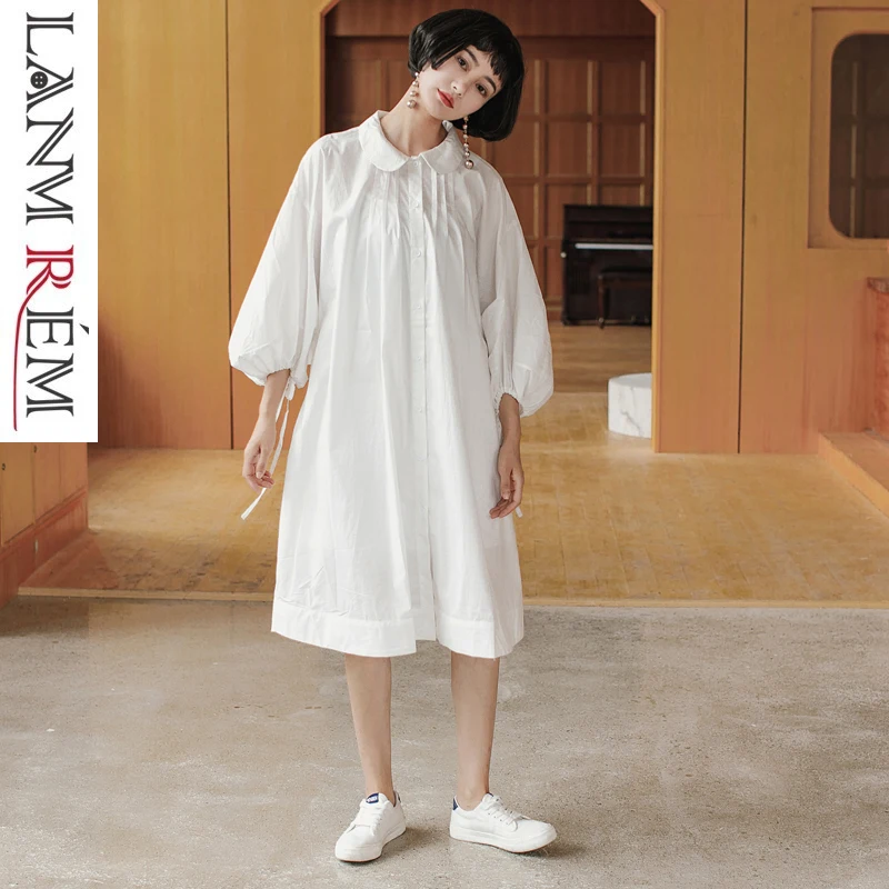 

LANMREM 2019 New Spring Lantern Sleeves Doll Collar Dress For Women Cotton Balck White Fashion Women's Large Size Dress QF055