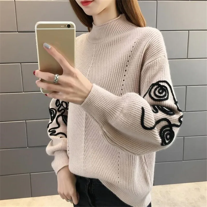 

Sweater Women Pullover Pull Femme Hiver Knitwear Sweaters Solid Round Collar Crochet Puff Sleeve Pullovers Top new fashion Femme