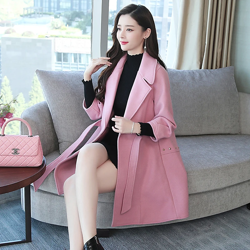 Laine Lâche Épaississement Manteau Drap Mode Long Ceinture Femmes Hiver Tweed rice De 2018 Taille White La blue Nouveau Plus Outwear Manteaux Coréenne Pink X8wP0xq