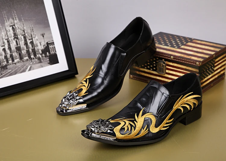 

embriodery genuine leather pointed toe slip on metal tip men dress shoes evening party wedding flat plus size Us12 size 46