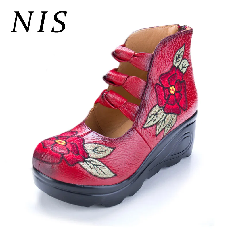 NIS Embroidery Flower Retro Platform Shoes Woman Zipper Chunky Wedge
