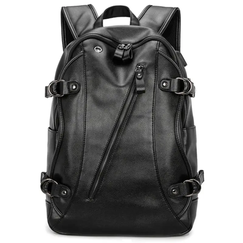

Men's Backpack, PU Leather College Travel Backpack Laptop Bag with Headphone USB Charging Ports, Black