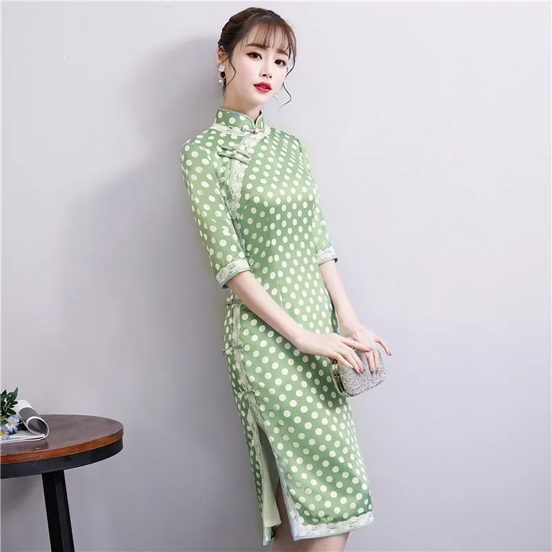 Модное зеленое кружевное платье Cheongsam современное длинное двухслойное Qi Pao