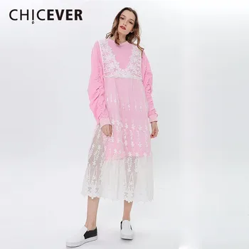 

CHICEVER 2020 Autumn Two Pieces Set Women's Suit Custume Long Sleeve Midi Dress Female With Lace Tank Vest Dresses Clothes New